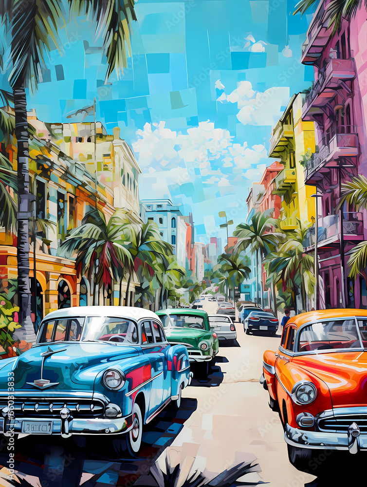 Obraz premium illustration de voitures de couleurs en ville à Cuba
