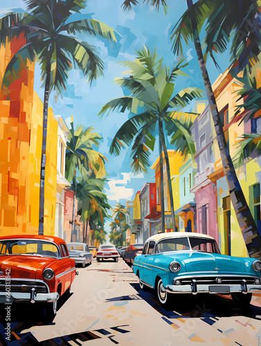 illustration de voitures de couleurs en ville à Cuba © Michel
