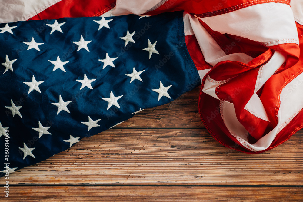 Fototapeta premium Aged American flag on antique platform - A tribute to veterans and the nation's democratic ideals. Symbolic pride and honor is.
