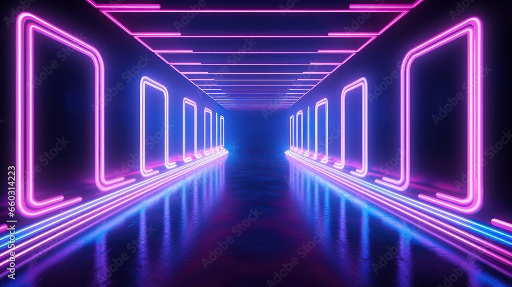 Empty futuristic illuminated corridor with neon light background. AI generated image