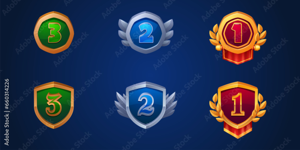 Game ui medals for third, second and first place award. Cartoon vector illustration set of trophy badge with bronze, silver and golden frame and shape of shield and hexagon. Gui achievement trophy. Game ui medals for third, second and first place award. Cartoon vector illustration set of trophy badge with bronze, silver and golden frame and shape of shield and hexagon. Gui achievement trophy.