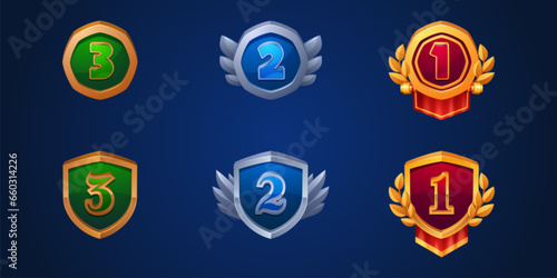 Game ui medals for third, second and first place award. Cartoon vector illustration set of trophy badge with bronze, silver and golden frame and shape of shield and hexagon. Gui achievement trophy.