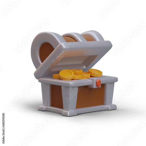 Side view of open treasure chest with collection of gold coins. Element for pirate computer game. Search for ancient treasures and reward. Vector illustration in 3d style