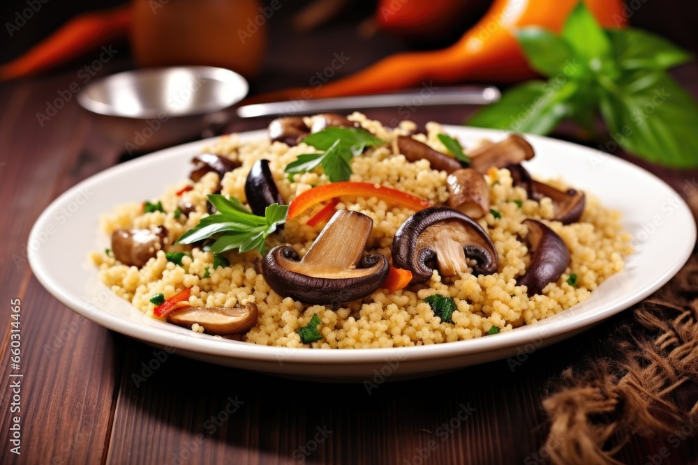 plate of couscous salad with a focus on mushrooms