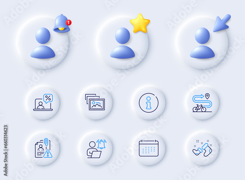 Calendar, Bike path and Online tax line icons. Placeholder with 3d cursor, bell, star. Pack of Santa boots, Search employee, Photo album icon. User notification, Info pictogram. Vector