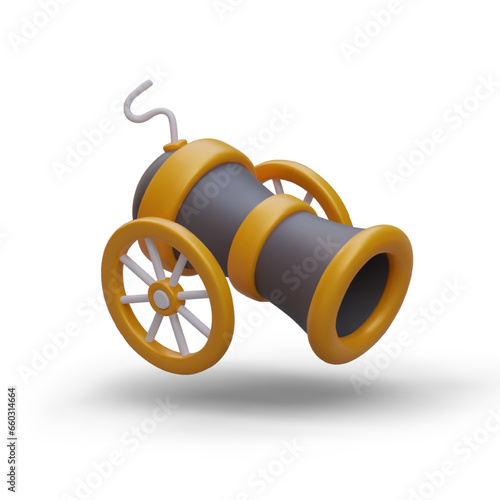 3d realistic ancient cannon on wheels isolated on white background. Weapons for shooting. Military weapons for game. Vector illustration in yellow and black colors