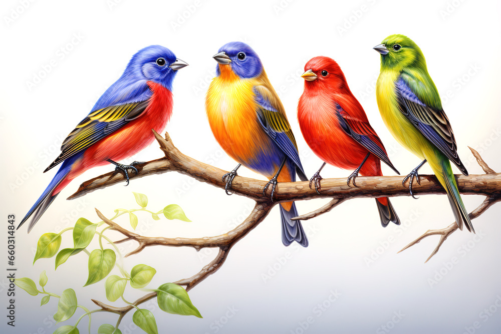 Image of group of painted bunting birds on a branch on a white background. Birds. Animals. Illustration, Generative AI.