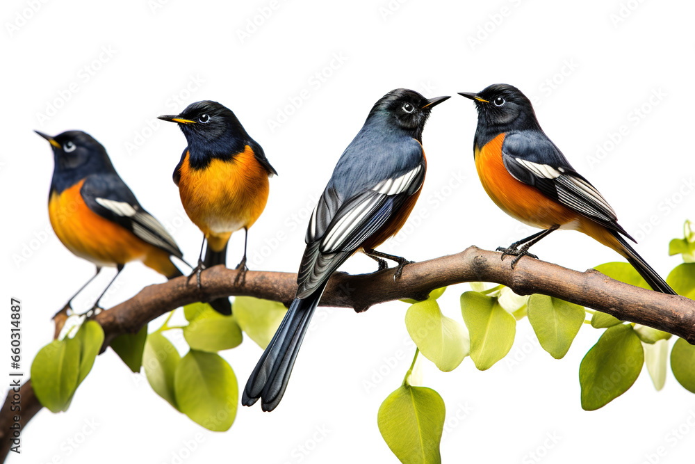Image of group of white-rumped shama bird on a branch on a white background. Birds. Animals. Illustration, Generative AI. Image of group of white-rumped shama bird on a branch on a white background. Birds. Animals. Illustration, Generative AI.