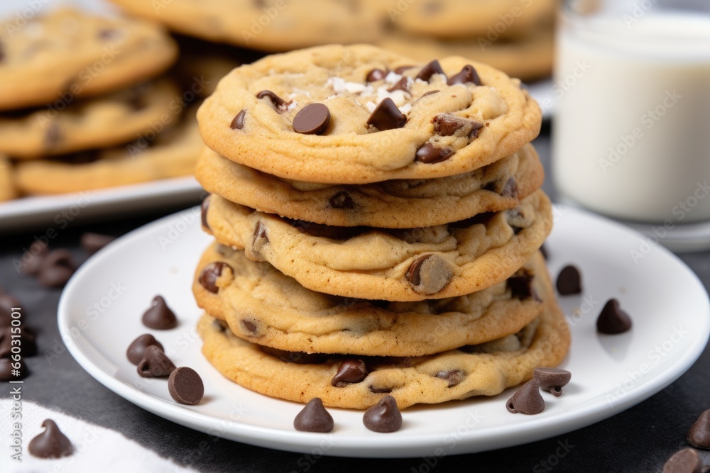 chocolate chip cookies stacked on a plate chocolate chip cookies stacked on a plate