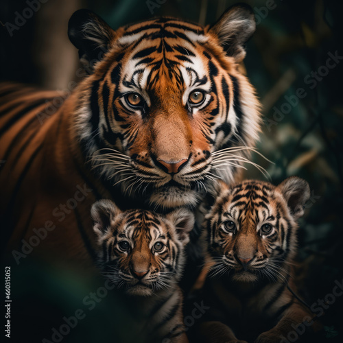 close up detailed portrait of mother and child tiger family animal, generative ai