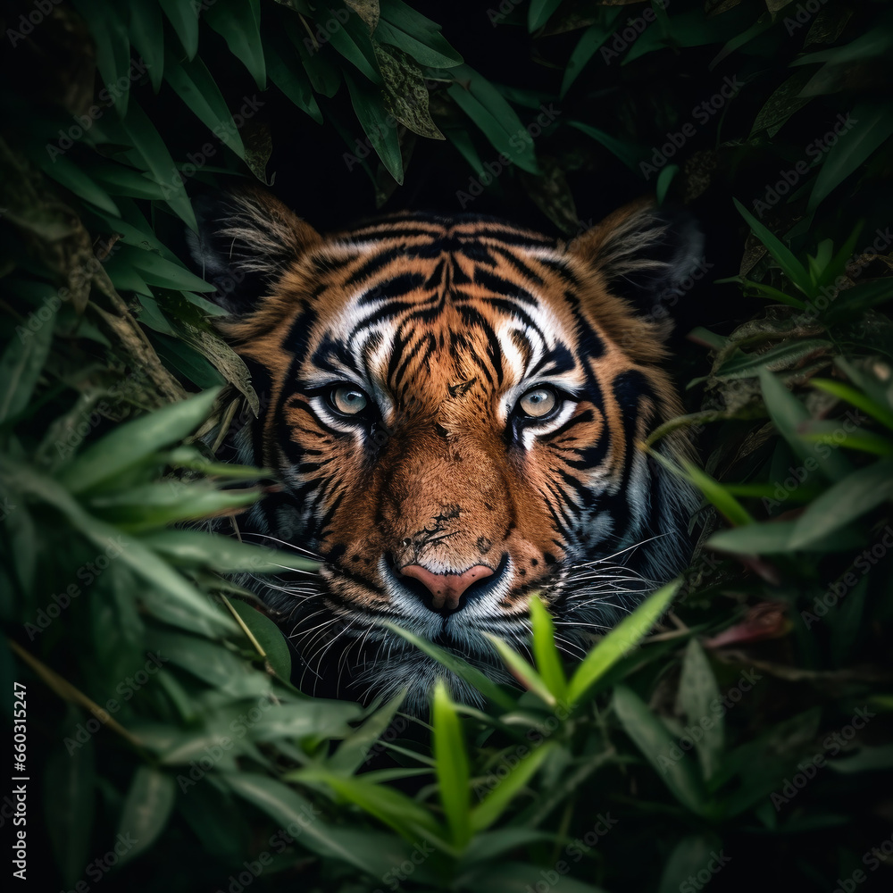 detailed close up portrait of tiger animal in jungle bushes, generative aii