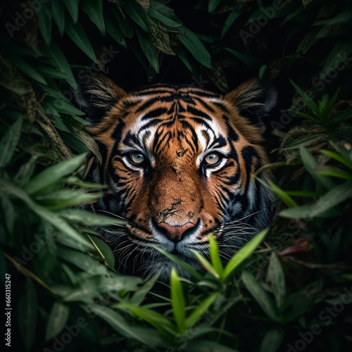 detailed close up portrait of tiger animal in jungle bushes  generative aii