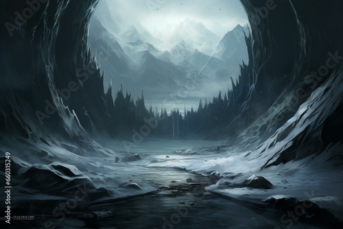 Eerie portal amidst icy peaks. Generative AI
