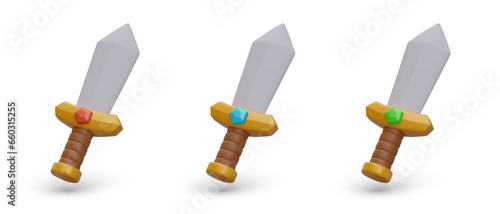 Set of 3D swords with crystals of different colors. Cute game icons. Sharp edged weapon. Battle time. Isolated vector image, white background. Knight accessory