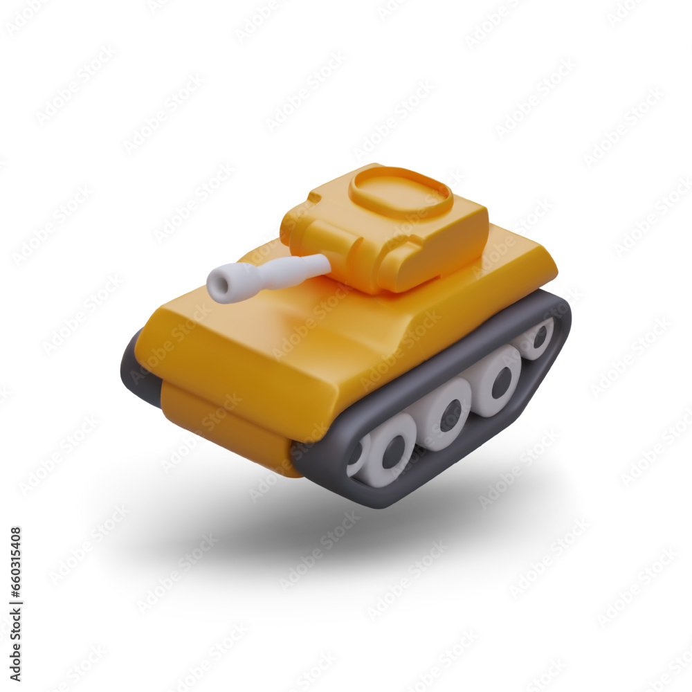 Realistic military heavy equipment. Element of weapon for cartoon army. 3d game concept. Tank for online computer game. Vector illustration with white background Realistic military heavy equipment. Element of weapon for cartoon army. 3d game concept. Tank for online computer game. Vector illustration with white background