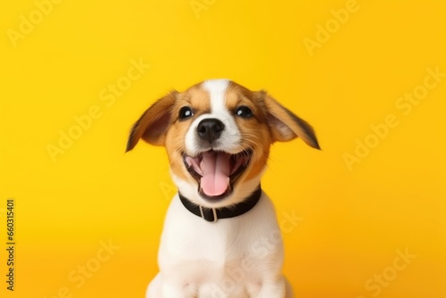 Cute dog on yellow background