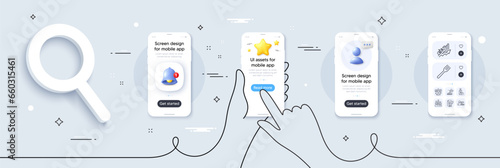 Phone payment, Winner and Fork line icons pack. Phone screen mockup with 3d star, alert and chat message. Feather signature, Training results, Business podium web icon. Vector