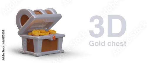 Poster with realistic chest with gold coins, place for text and white background. Item for online computer game. Search for ancient treasures concept. Vector illustration