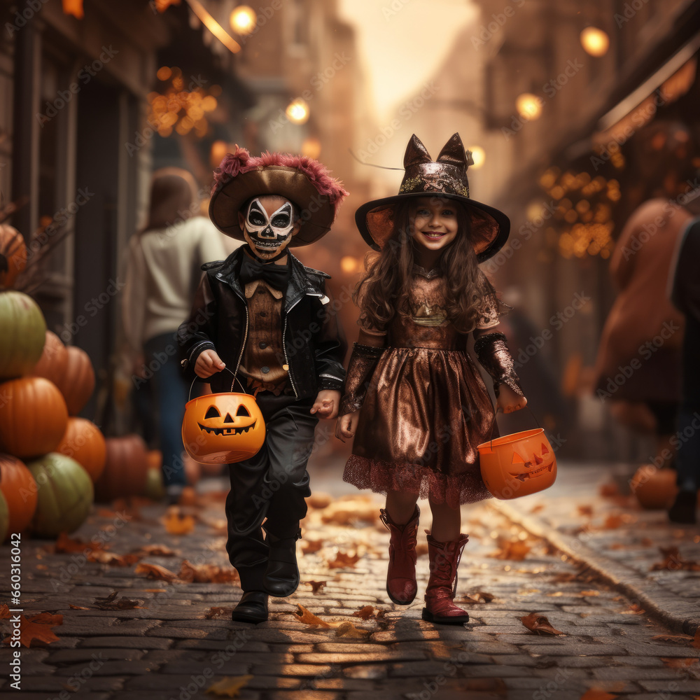 two kids walking down the decorated street dressed in Halloween costumes jack o lantern in halloween