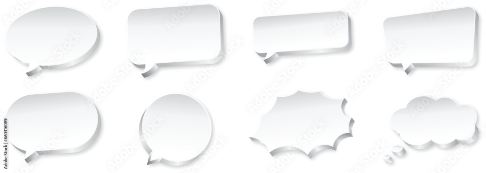 3d speech bubble collection set. Set of Eight 3D speech bubble icons, isolated on white background. 3D Chat icon set. - obrazy, fototapety, plakaty 