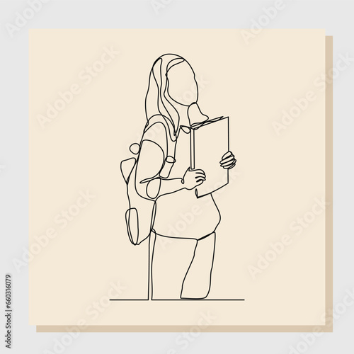 Continuous line drawing art of college campus student woman with bag backpack and books. Vector illustration single one line art