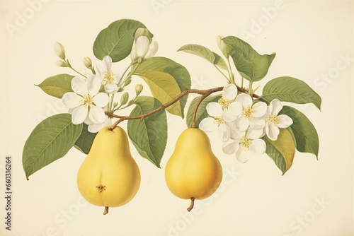 An ancient watercolor depicting different parts of a pear tree: fruit, flower, leaf, and a single pear on a white background. Illustrated by Gallesio in Pisa, Italy between 1817-1839. Generative AI photo
