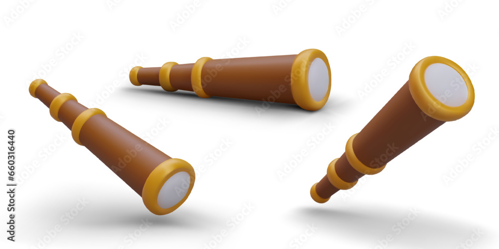 Set of 3D spyglass in different positions. Illustrations for online game, strategy. Device for navigation, discovery of new lands. Observation of potential opponent at long distance - obrazy, fototapety, plakaty 