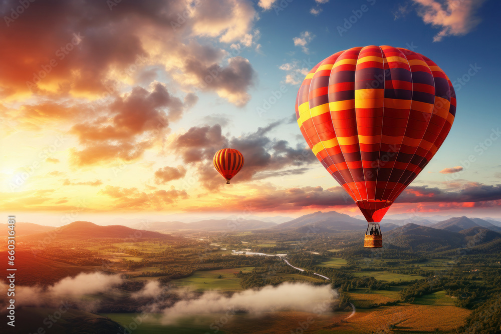Obraz premium Majestic mountain vistas unfold beneath a flying hot air balloon. AI Generative serenity and breathtaking beauty at high altitudes.