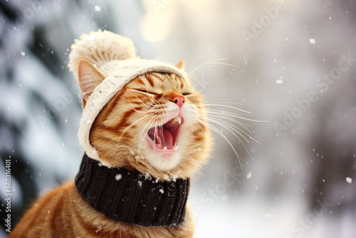 Funny red cat in a knitted hat in winter