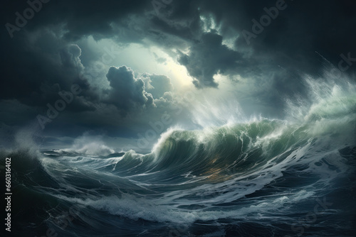 Turbulent artistry Huge wave crashes in storm's energy. AI Generative marvel adds to the dramatic beauty and wild motion of this powerful seascape.