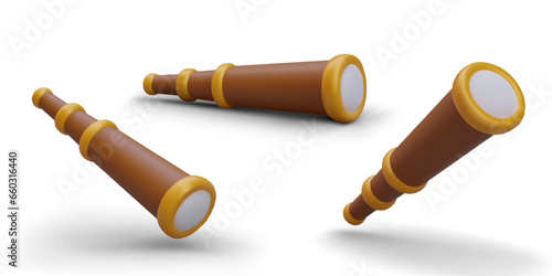 Set of 3D spyglass in different positions. Illustrations for online game, strategy. Device for navigation, discovery of new lands. Observation of potential opponent at long distance photo