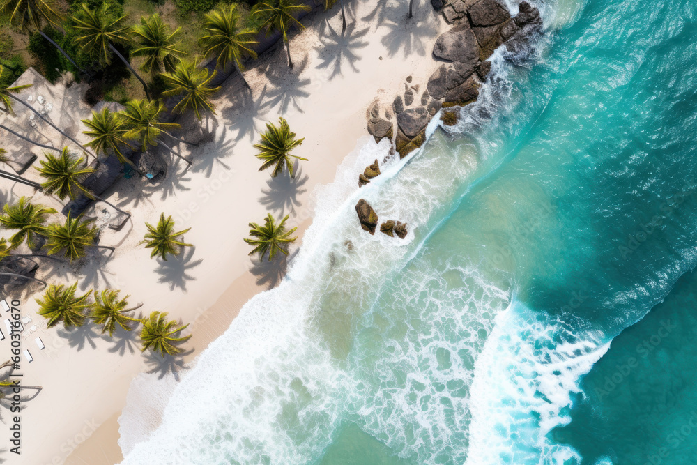 Seashore serenity from a drone's eye A beach framed by palms. AI Generative beachfront beauty from above.