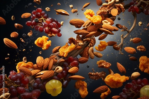 Dried fruits and nuts soaring through the air. Generative AI