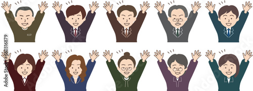 スーツを着た男性と女性人物のセット_両手で万歳