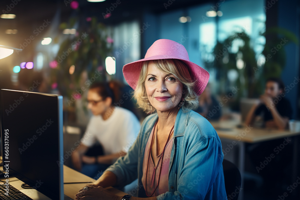 portrait of an elegant middle age blonde woman with laptop posing on camera in a coworking space indoor portrait of an elegant middle age blonde woman with laptop posing on camera in a coworking space indoor