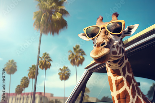 Safari meets street racing in this cool and trendy image of a giraffe in a car. A surreal adventure that's both wild and fun is AI Generative.