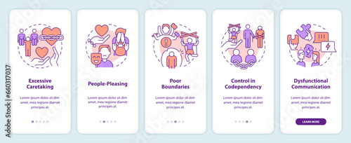 2D icons representing codependent relationship mobile app screen set. Walkthrough 5 steps multicolor graphic instructions with thin line icons concept, UI, UX, GUI template.