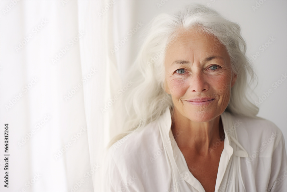 portrait of a beautiful elderly woman with long white hair, dressed white and light white background, posing and looking on camera