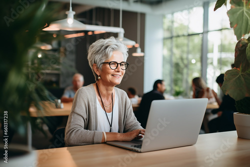 portrait of an l elderly woman with long grey and white hair, working with computer pc in office