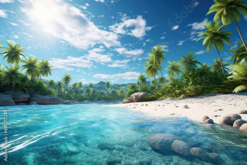 Escape to a tropical paradise  where palm trees sway over the clear waters  offering an idyllic backdrop for your dreams. AI Generative beachfront.