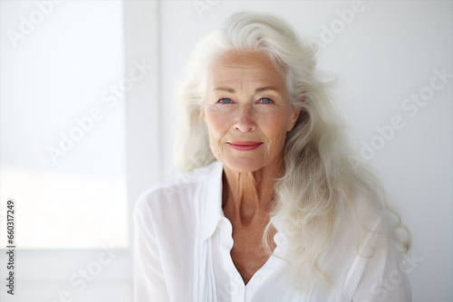 portrait of a beautiful elderly woman with long white hair, dressed white and light white background, posing and looking on camera