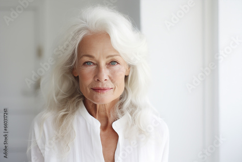 portrait of a beautiful elderly woman with long white hair, dressed white and light white background, posing and looking on camera