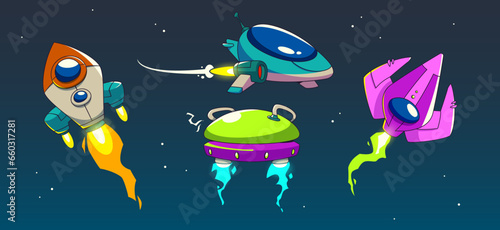 Game rocket spaceship with fire trail cartoon. Alien reactive ship in space childish design illustration. Cosmic spacecraft launch with green takeoff flame tail. Speed galaxy adventure in starry sky
