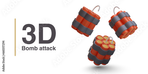 Bundles of dynamite sticks. 3D red bombs, terrorist weapons. Collection of vector objects in different positions. Bomb with fuse. Image on white background