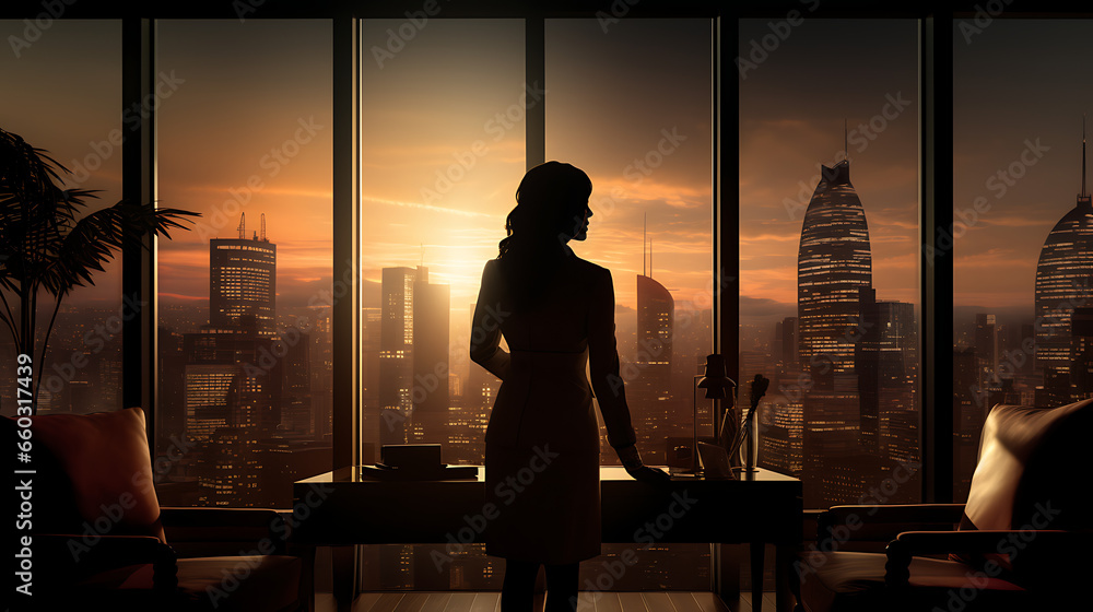 Businesswoman Silhouetted at Office Window.