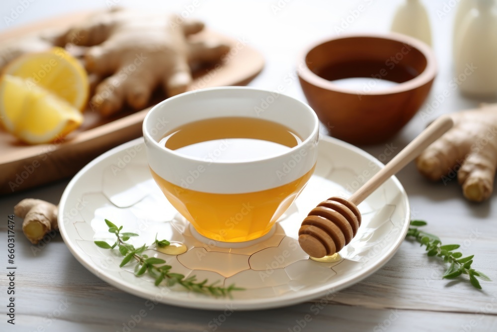 ginger tea in teacup, root slices and honey drizzle atop ginger tea in teacup, root slices and honey drizzle atop