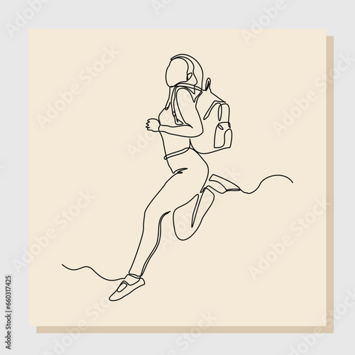 Fototapeta Naklejka Na Ścianę i Meble -  continuous single line drawing art of college campus happy student woman jumping with bag backpack. vector illustration one line sketch of education back to school