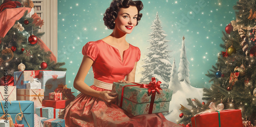classic illustration of a  40s, 50s era, housewife in a retro vintage house surrounded by xmas tree and decor, gifts, festive vintage scenerey classic candy red  color palette , wallpaper pattern use