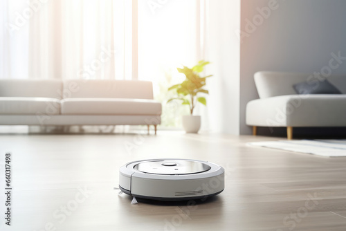 Welcome the age of intelligent cleaning! This white robot vacuum on laminate floor showcases cutting-edge technology for modern households is AI Generative.
