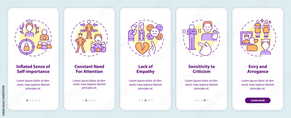 2D icons representing codependent relationship mobile app screen set. Walkthrough 5 steps multicolor graphic instructions with thin line icons concept, UI, UX, GUI template. 2D icons representing codependent relationship mobile app screen set. Walkthrough 5 steps multicolor graphic instructions with thin line icons concept, UI, UX, GUI template.
